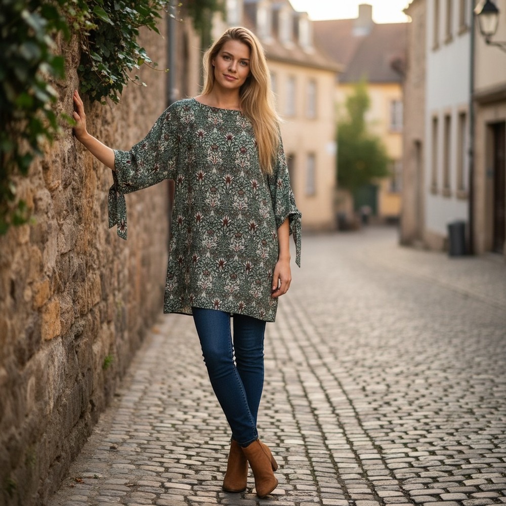 Morris & Co x H&M Tunic Dress Womens Medium Green Floral Excellent Bell Sleeve‎